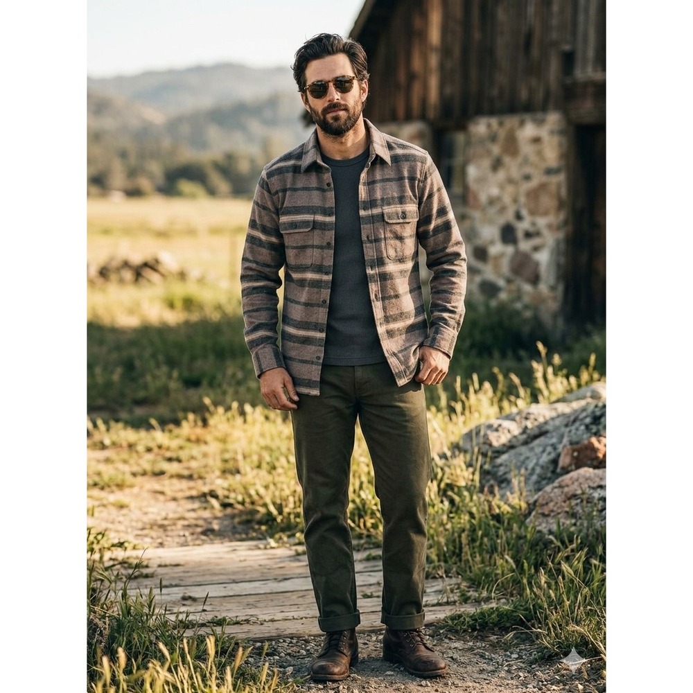 Taylor Stitch Mens Striped Organic Cotton Flannel Shirt Brown Tan Size 38 Small‎